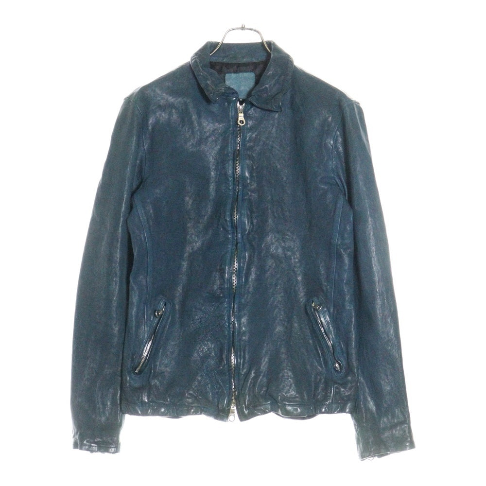 ISAMU KATAYAMA BACKLASH(イサムカタヤマバックラッシュ) ジャパンカーフ 製品染め 襟付き レザーシングル ライダース ジップアップ レザージャケット 牛革 1498-02 グリーン