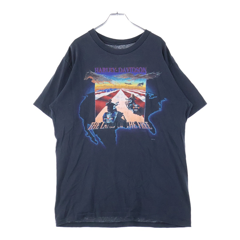 VINTAGE(ヴィンテージ) 90s HARLEY DAVIDSON THE LAND OF THE FREE ハーレーダビッドソン 両面プリント Tシャツ 半袖カットソー ブラック