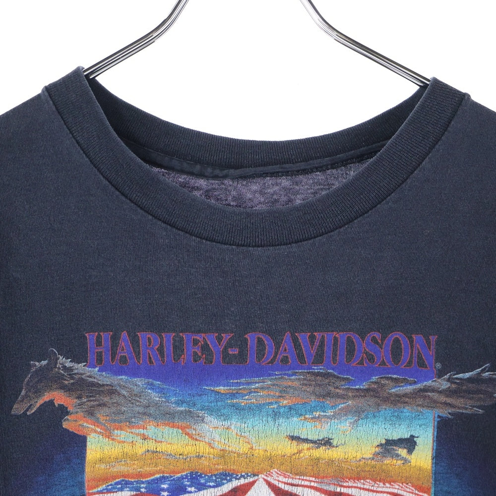 VINTAGE(ヴィンテージ) 90s HARLEY DAVIDSON THE LAND OF THE FREE ハーレーダビッドソン 両面プリント Tシャツ 半袖カットソー ブラック