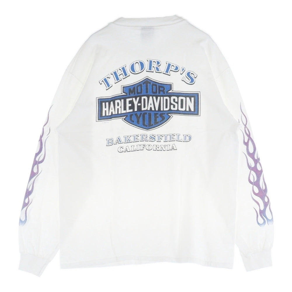 VINTAGE(ヴィンテージ) 90s HARLEY DAVIDSON THORP'S BAKERSFIELD CALIFORNIA ハーレーダビッドソン アームプリント 両面プリント Tシャツ 長袖カットソー ホワイト