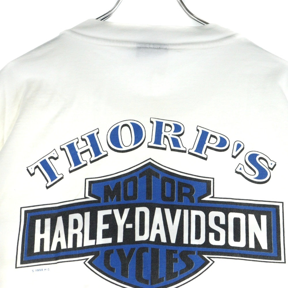 VINTAGE(ヴィンテージ) 90s HARLEY DAVIDSON THORP'S BAKERSFIELD CALIFORNIA ハーレーダビッドソン アームプリント 両面プリント Tシャツ 長袖カットソー ホワイト