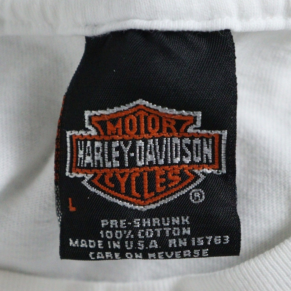 VINTAGE(ヴィンテージ) 90s HARLEY DAVIDSON THORP'S BAKERSFIELD CALIFORNIA ハーレーダビッドソン アームプリント 両面プリント Tシャツ 長袖カットソー ホワイト