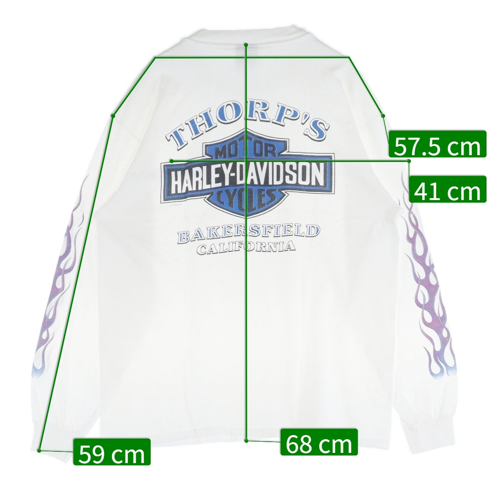 VINTAGE(ヴィンテージ) 90s HARLEY DAVIDSON THORP'S BAKERSFIELD CALIFORNIA ハーレーダビッドソン アームプリント 両面プリント Tシャツ 長袖カットソー ホワイト