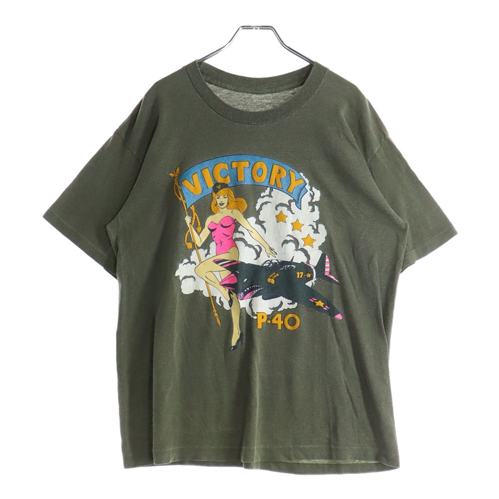 VINTAGE(ヴィンテージ) 90s VICTORY P-40 PIN UP GIRL ピンナップ ガール ヴィクトリー フロント プリント Tシャツ 半袖カットソー カーキ