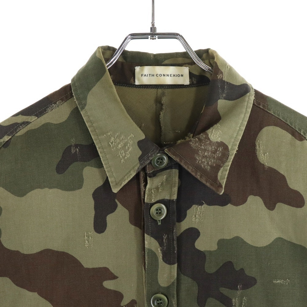 FAITH CONNEXION(フェイスコネクション) 17SS カモオーバーシャツ ダメージ加工シャツジャケット カモフラ 迷彩 カーキ X1804T00010
