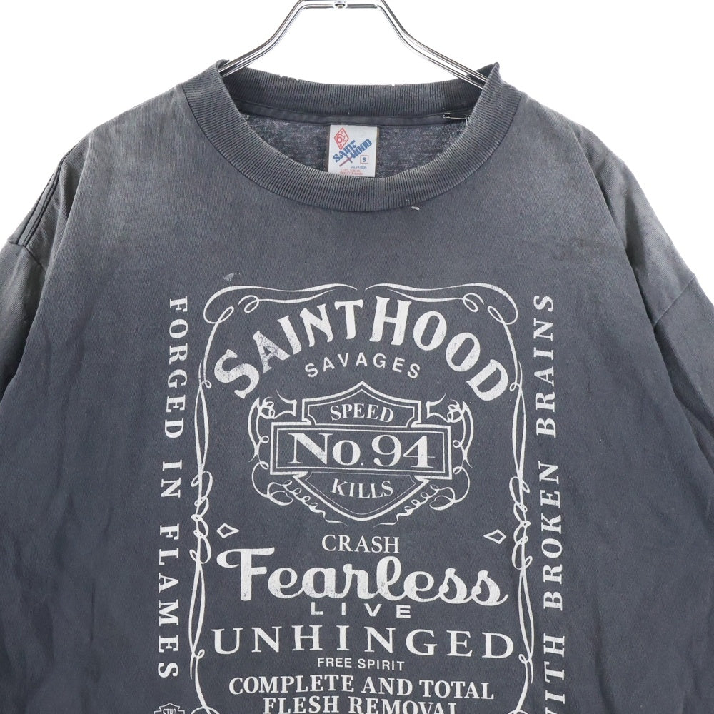 SAINT MICHAEL(セントマイケル) 25SS ×ネイバーフッド フィアレス ヴィンテージ加工 両面プリントTシャツ 半袖クルーネック ブラック SM-HR8-0000-C70