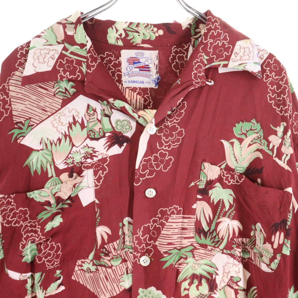 DUKE KAHANAMOKU( デュークカハナモク) 40-50S CHAMPION HAWAIIAN L/S SHIRT ハワイアンアロハ 長袖シャツ レッド