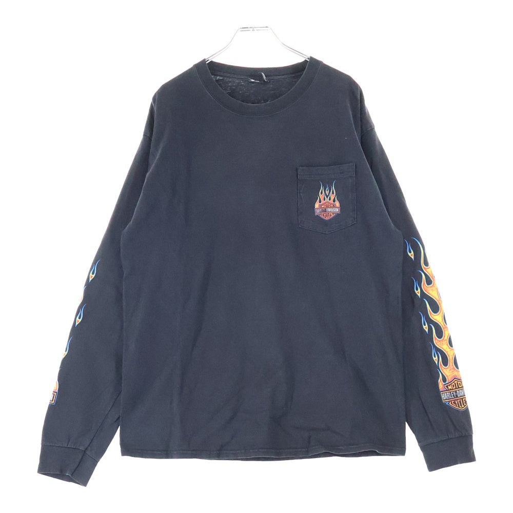 HARLEY DAVIDSON(ハーレーダビッドソン) 10s FLAMES POCKET BAR&SHIELD L/S TEE 袖フレイムス ファイヤー バーアンドシールド プリント 2016 胸ポケット長袖Tシャツ ブラック