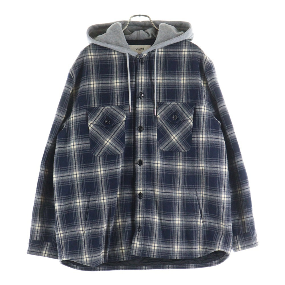 CELINE(セリーヌ) HOODED CHECK SHIRTS JACKET 2W65B912X.07MR フード付き チェックシャツジャケット オーバーサイズ ネイビー
