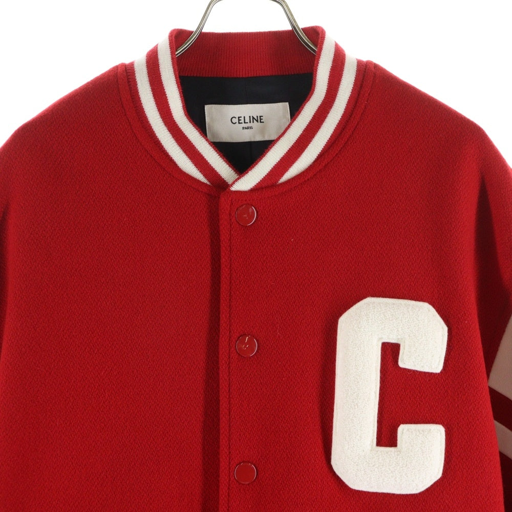 CELINE(セリーヌ) 23AW JACKSON Thick Wool Plush Jacket 2V58N896C.27ED ジャクソン Cロゴスタジャン スタジアムジャケット ウール/レザー レッド