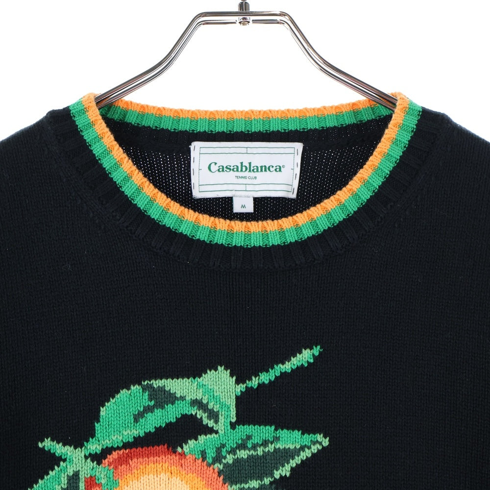 CASABLANCA(カサブランカ) 21AW ORENGE CREW NECK KNIT フロント フルーツ クルーネック ニット ブラック CASABLANCA21FW-3
