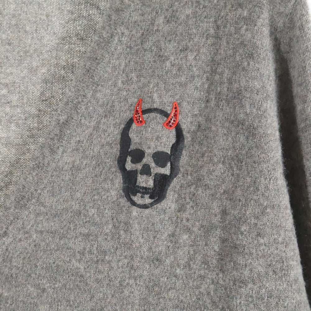 lucien pellat-finet(ルシアンペラフィネ) ドクロ刺繍 ラインストーン カシミア 長袖カーディガン グレー