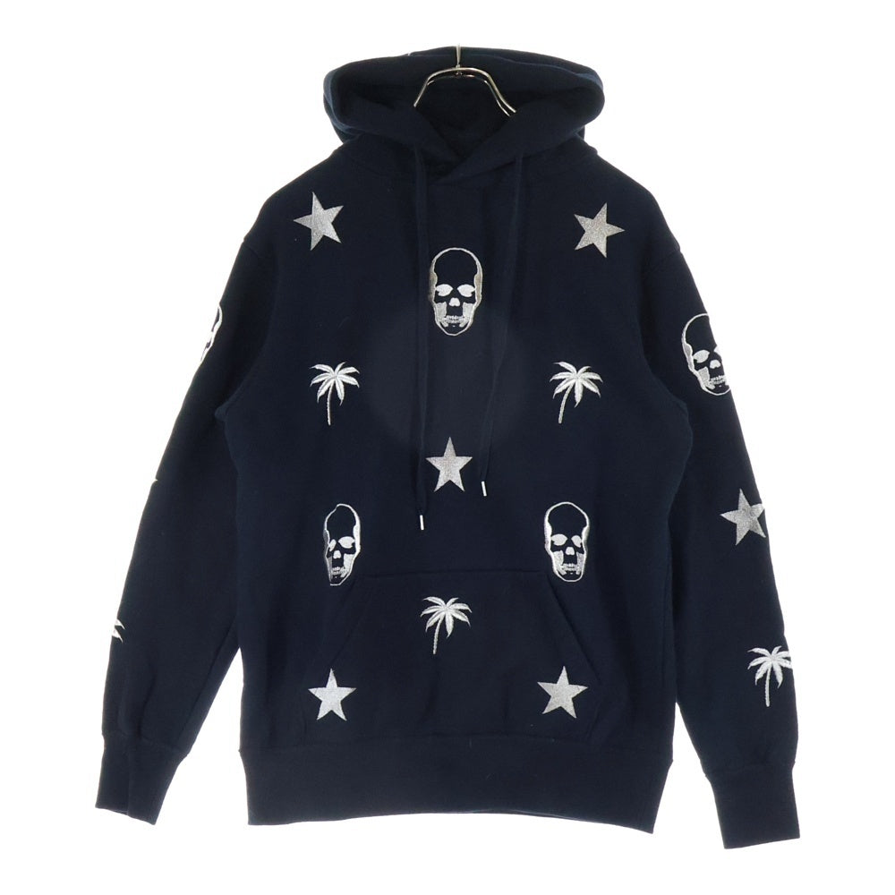 lucien pellat-finet(ルシアンペラフィネ) スカル刺繍 エンブロイダリープルオーバーフーディー パーカー ブラック