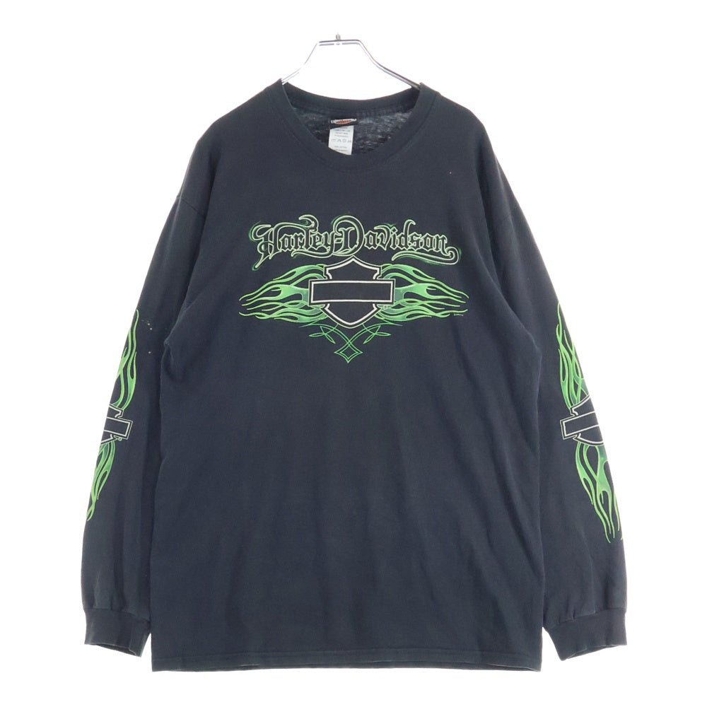 HARLEY DAVIDSON(ハーレーダビッドソン) 00s VINTAGE GREEN FLAMES L/S TEE フレイムス 袖ファイヤー 長袖Tシャツ ブラック/グリーン