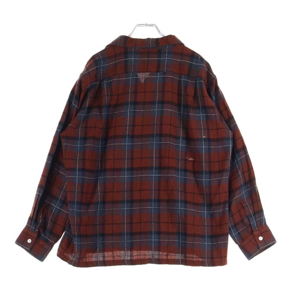 VINTAGE(ヴィンテージ) 50-60S ARROW アロー WOOL ACRYLIC CECK OPEN COLLAR L/S SHIRT ウール アクリル オープンカラー チェックシャツ 長袖 開襟 オレンジ/グレー