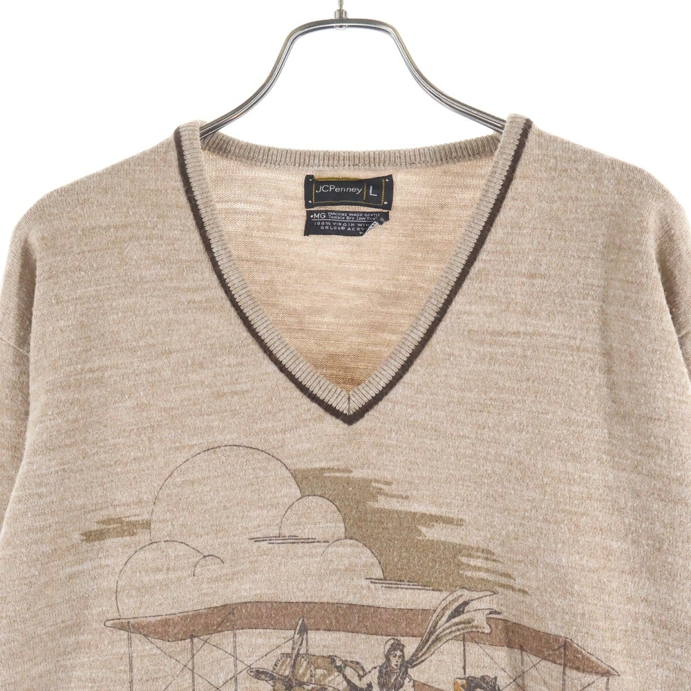 VINTAGE(ヴィンテージ) 70S JC PENNY ジェイシーペニー V-NECK KNIT SWEATER Vネック 染み込みプリント アクリル ニットセーター ブラウン