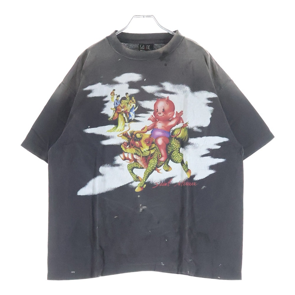 SAINT MICHAEL(セントマイケル) 25SS S/S T-SHIRT DAMAGED 両面プリント 半袖Tシャツ カットソー ブラック SM-HR8-0000-017