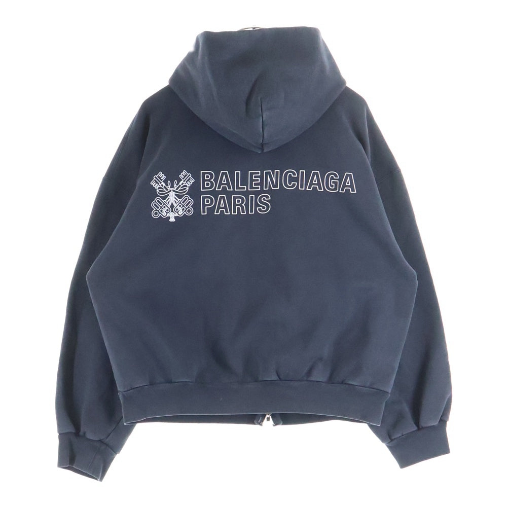 BALENCIAGA(バレンシアガ) 24AW ロゴプリント ダメージ加工 ジップアップ スウェットパーカー フーディー グレー 803264 TRVU4