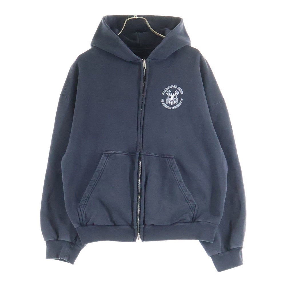 BALENCIAGA(バレンシアガ) 24AW ロゴプリント ダメージ加工 ジップアップ スウェットパーカー フーディー グレー 803264 TRVU4