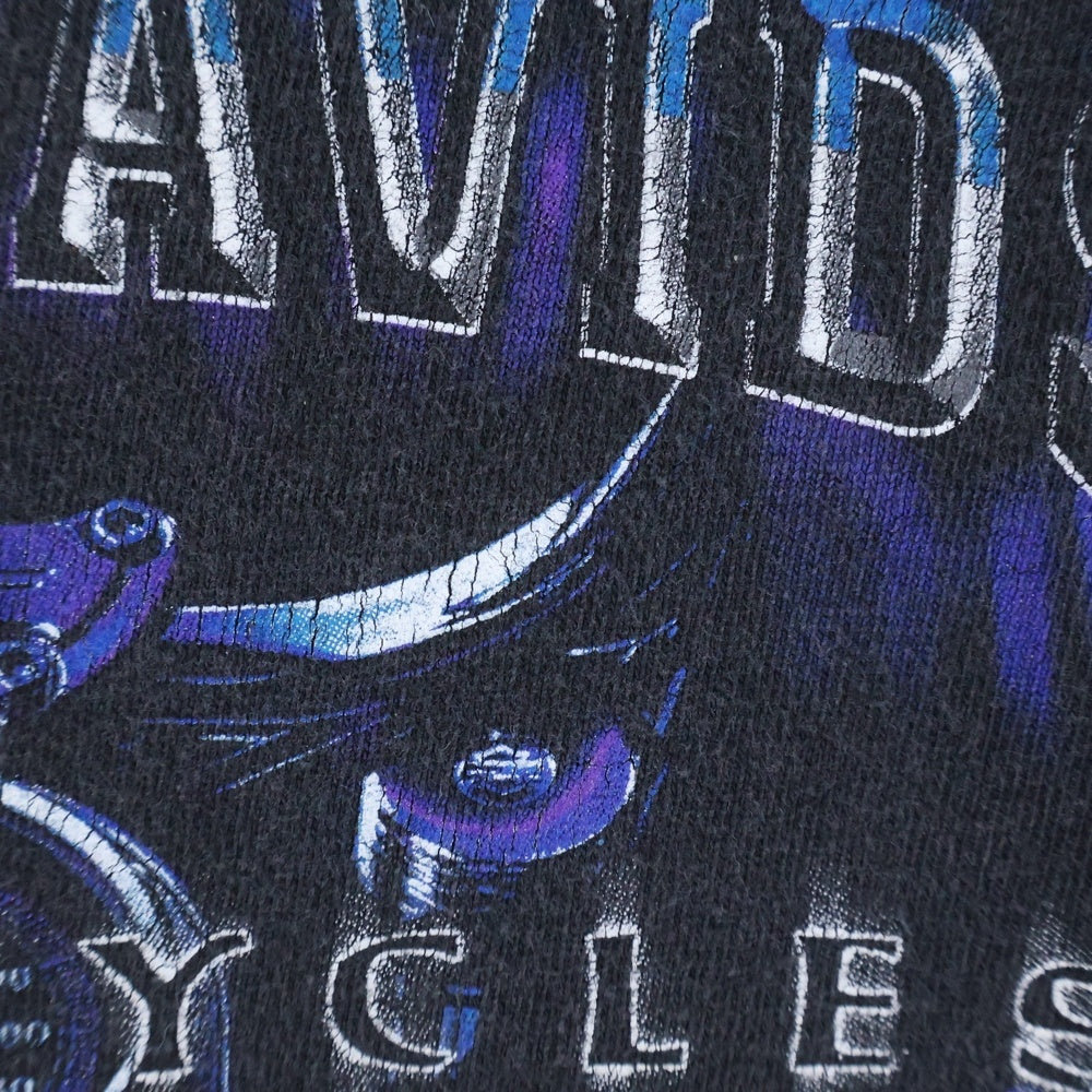 HARLEY DAVIDSON(ハーレーダビッドソン) 00S FULL THROTTLE CONZIAHR DECATUR LL ENGINE FLAME 2001 エンジン フレーム 両面 プリント 半袖Tシャツ カットソー ブラック/ブルー