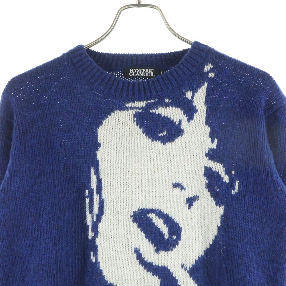 HYSTERIC GLAMOUR(ヒステリックグラマー) ギターガール 大判デザイン クルーネック長袖ニット ブルー 02193NS10