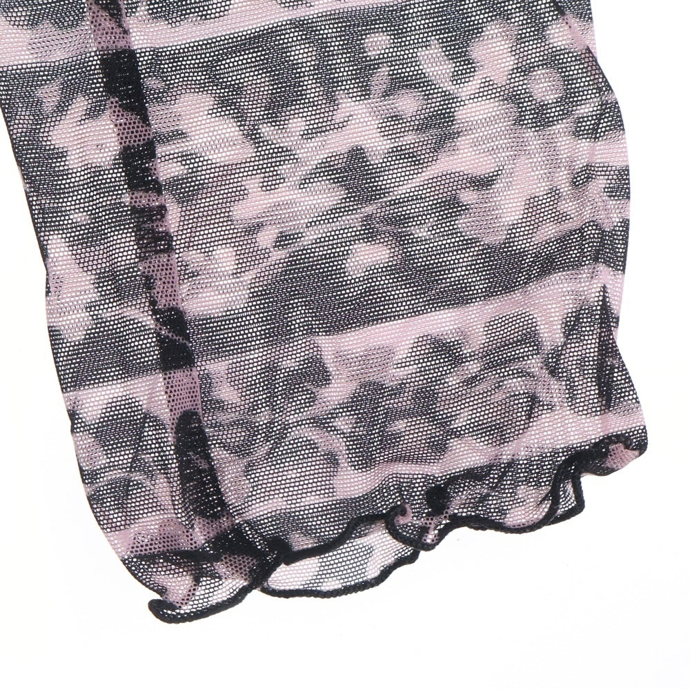 NO BRAND(ノーブランド) KNWLS(ノウルズ) 総柄 フリル シアートップ ブラック/ピンク レディース