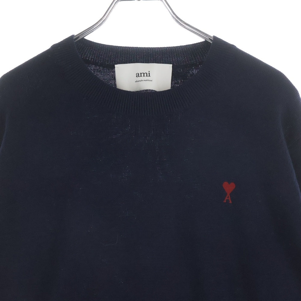 AMI Alexandre Mattiussi(アミアレクサンドルマテュッシ) ロゴ刺繍 クルーネック長袖ニットセーター ネイビー HKSB26.001