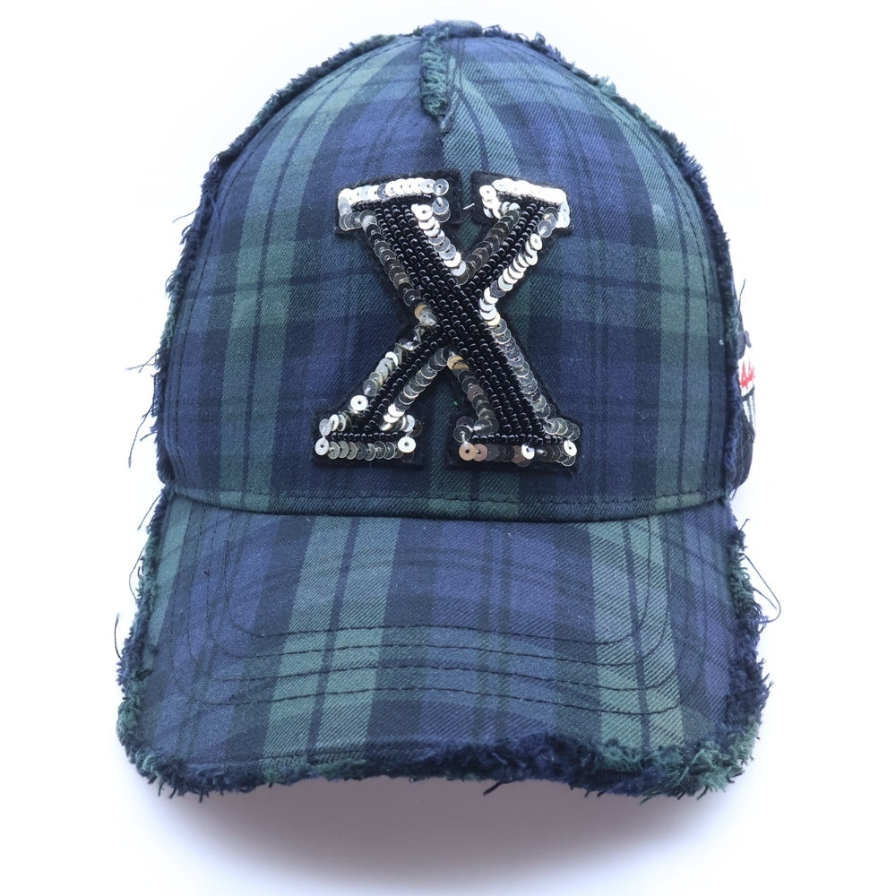 YOSHINORI KOTAKE(ヨシノリコタケ) スパンコール X チェック柄 メッシュキャップ ワッペン付き グリーン/ブラック