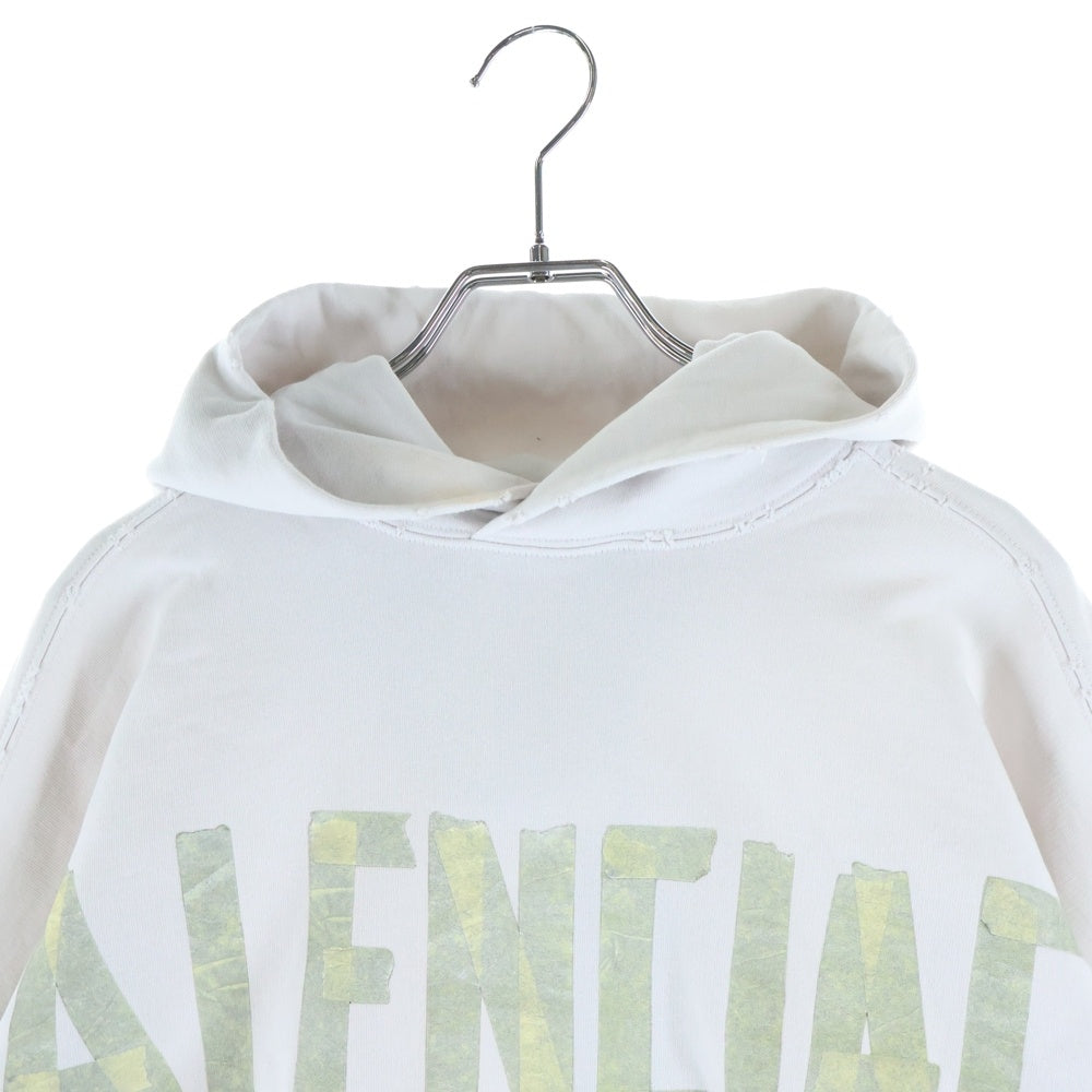 BALENCIAGA(バレンシアガ) 23SS Tape Type Ripped Pocket Hoodie テープタイプロゴ ヴィンテージ加工プルオーバーフーディパーカー 744441 TOVB1 アイボリー