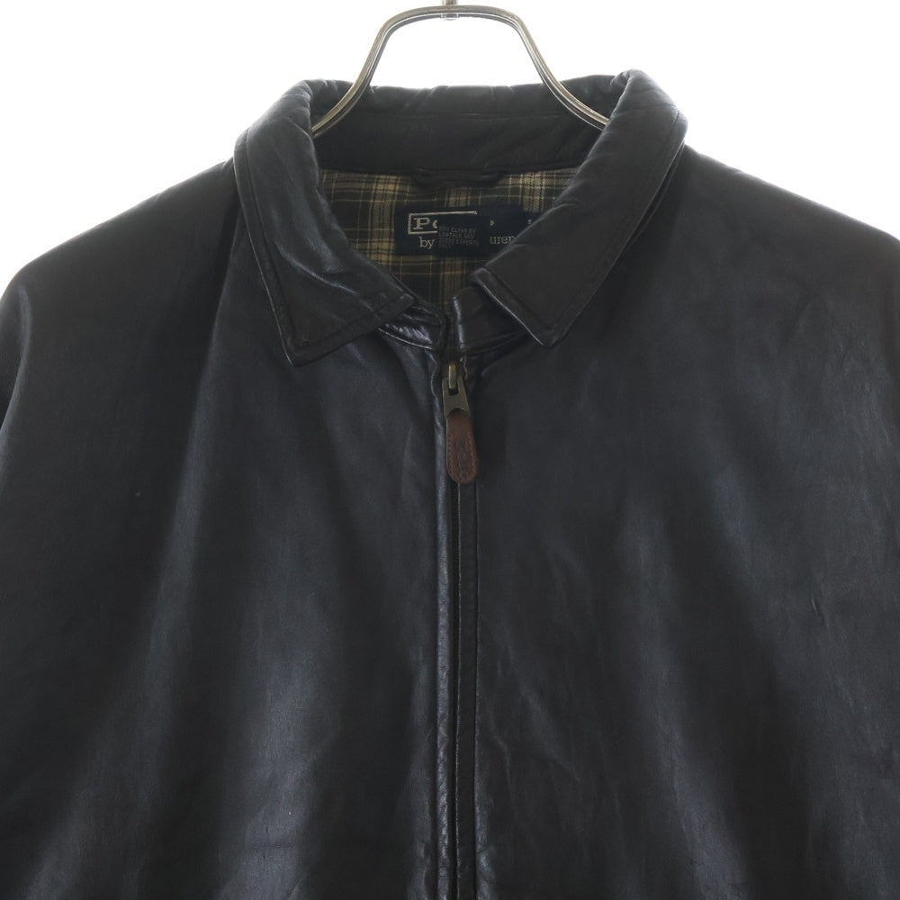 POLO RALPH LAUREN(ポロラルフローレン) 90s VINTAGE NO PONY LEATHER JACKET ノーポニー 馬ナシ チンストラップ YKKジップ 裏地チェック レザー スイングトップジャケット ブラック