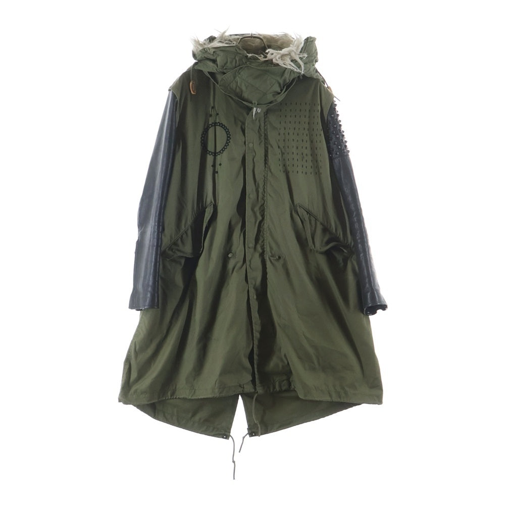 NO BRAND(ノーブランド) YEAH RIGHT!! REMAKE LEATHER SLEEVE MODS COAT リメイク レザースリーブ モッズコート カーキ