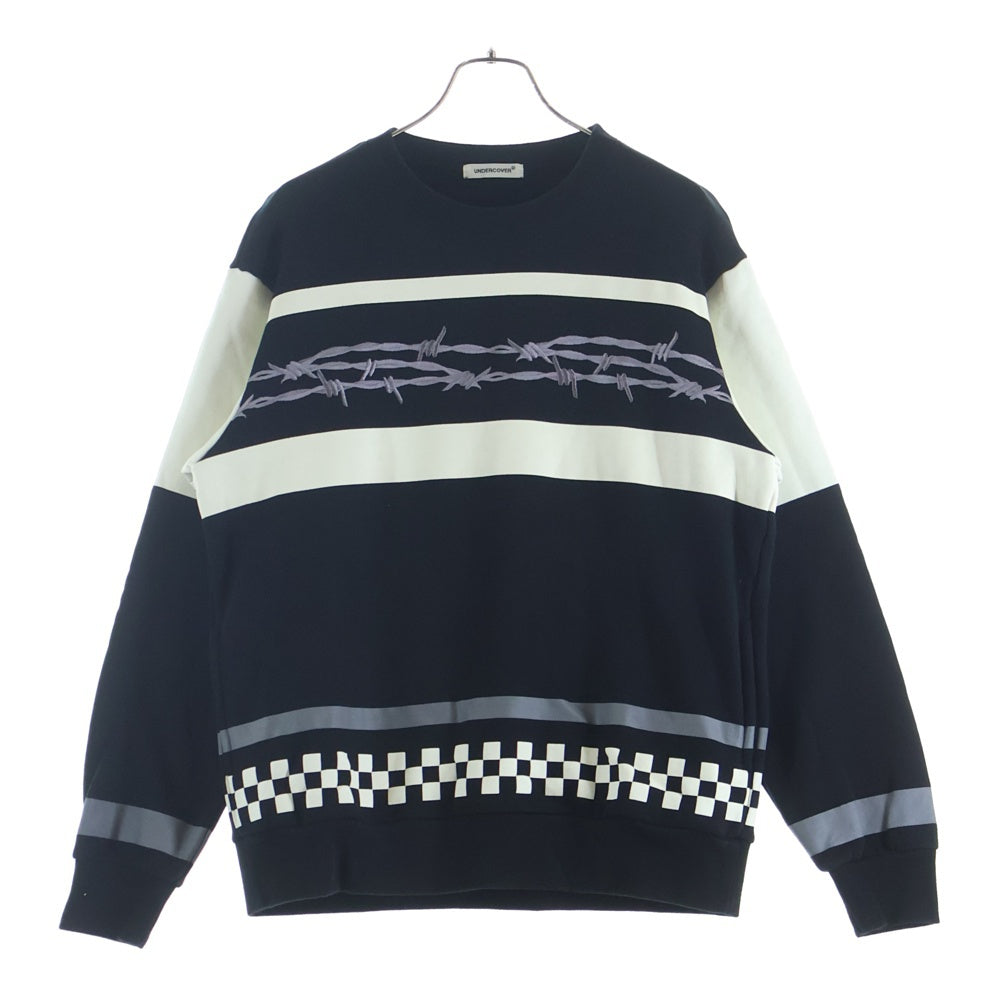 UNDERCOVER(アンダーカバー) 24AW 有刺鉄線刺繍 チェッカー柄 グラフィックプリント プルオーバースウェット トレーナー グレー UP2D4804-1