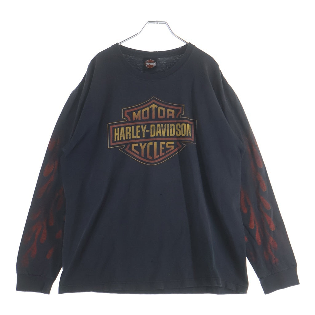 HARLEY DAVIDSON(ハーレーダビッドソン) 90-00S BAR&SHIELD INFERNO FLAME SLEEVE SMOKY MOUNTAIN L/S TEE 袖フレイム 両面プリント 長袖カットソーTシャツ ブラック