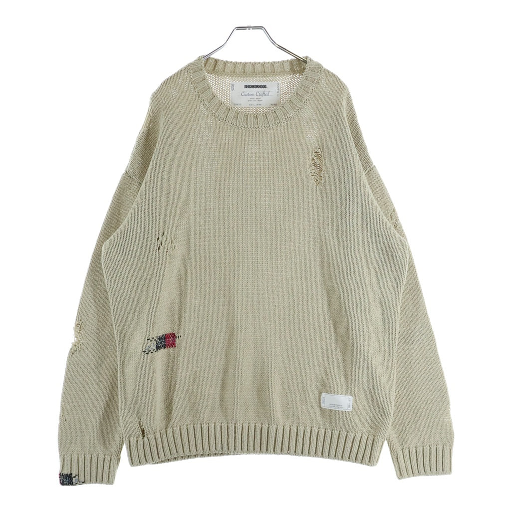NEIGHBORHOOD(ネイバーフッド) SAVAGE CREWNECK SWEATER 251FUNH-KNM03 サベージ クルーネックダメージ加工 長袖ニットセーター アイボリー