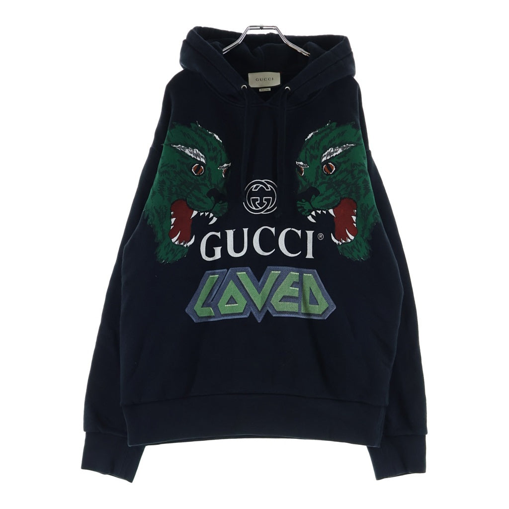 GUCCI(グッチ) LOVED Tiger-print cotton hooded sweatshirt タイガープリント プルオーバー パーカー ブラック 475374 XJAKO
