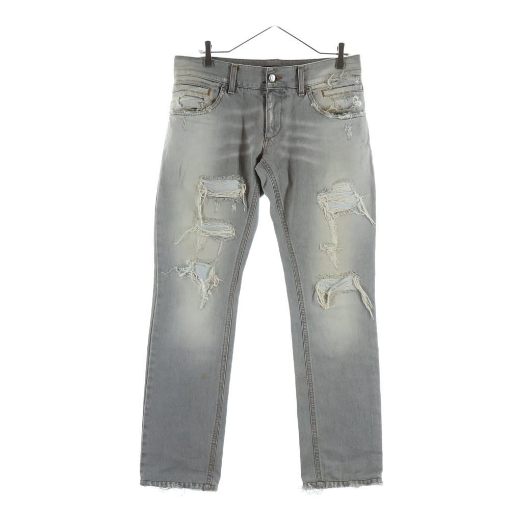 DOLCE & GABBANA(ドルチェアンドガッバーナ) LOGO PLATE DAMAGED DENIM PANTS ダメージ クラッシュ加工 デニムパンツ グレー GZN9LD G8F81