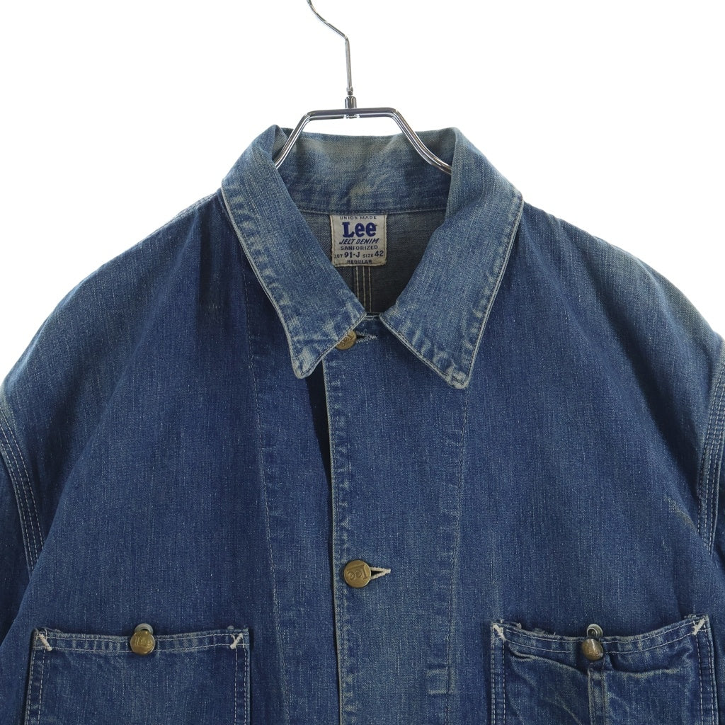 LEE(リー) 50S 91-J UNION MADE JELT DENIM SANFORIZED デカボタン ロングL 斜めe ポケット裏HBT デニム カバーオール ジャケット インディゴ