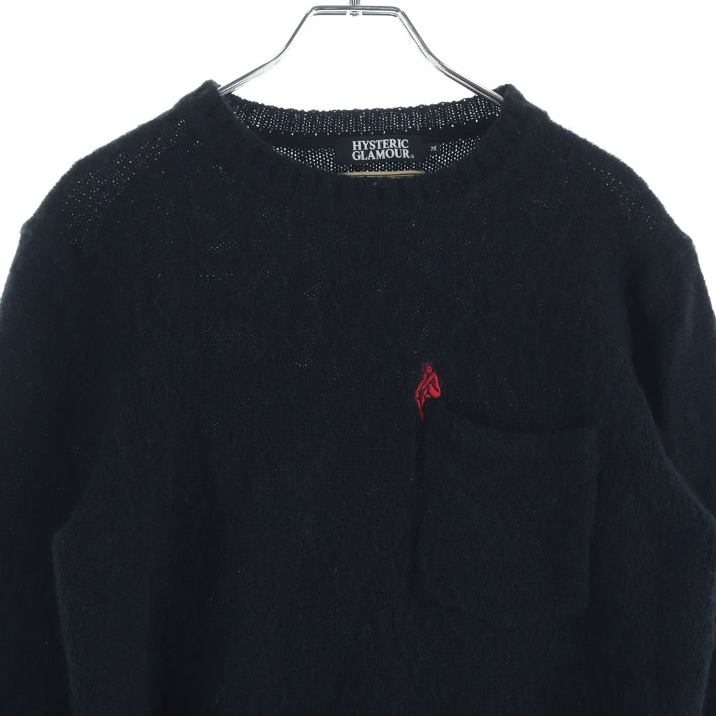 HYSTERIC GLAMOUR(ヒステリックグラマー) × WARREN SCOTT (ウォーレンスコット) デビルウーマン 刺繍 ポケット ニット セーター ブラック 0263NS08