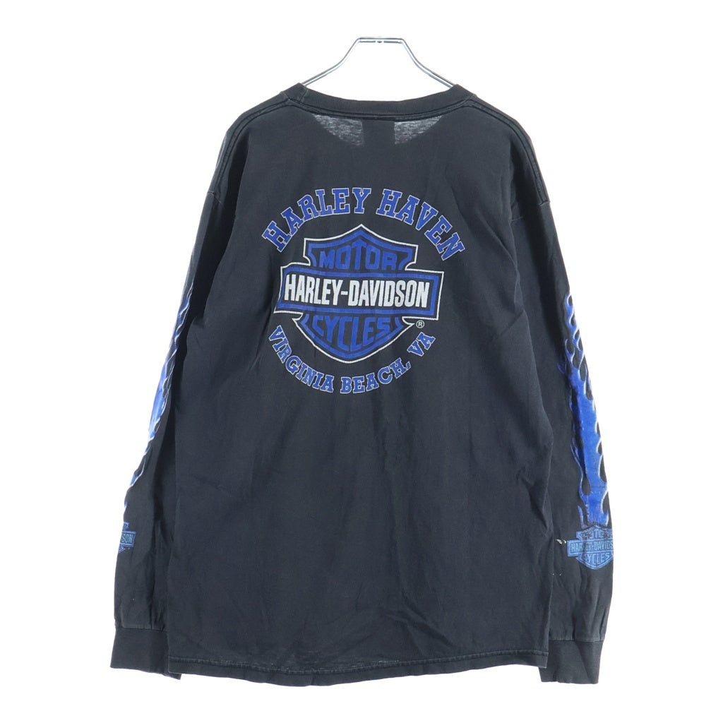 HARLEY DAVIDSON(ハーレーダビッドソン) 00S VINTAGE BLUE FLAME SLEEVE LOGO PRINT L/S TEE 袖ブルーフレイム 両面プリント長袖カットソーTシャツ ブラック