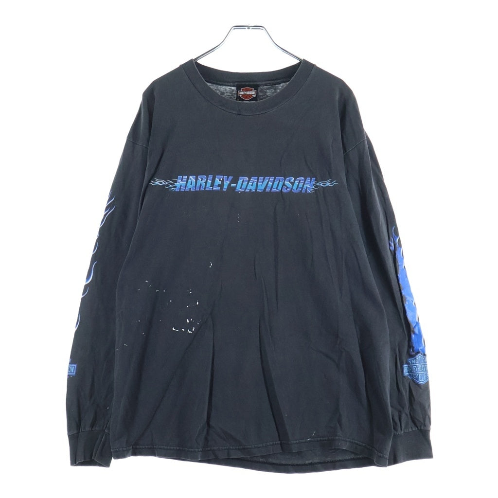 HARLEY DAVIDSON(ハーレーダビッドソン) 00S VINTAGE BLUE FLAME SLEEVE LOGO PRINT L/S TEE 袖ブルーフレイム 両面プリント長袖カットソーTシャツ ブラック