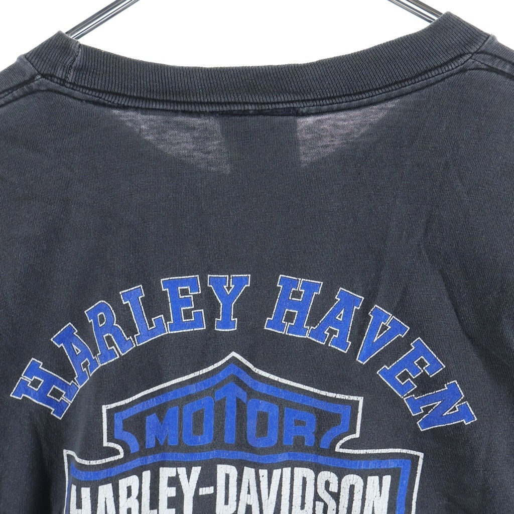 HARLEY DAVIDSON(ハーレーダビッドソン) 00S VINTAGE BLUE FLAME SLEEVE LOGO PRINT L/S TEE 袖ブルーフレイム 両面プリント長袖カットソーTシャツ ブラック