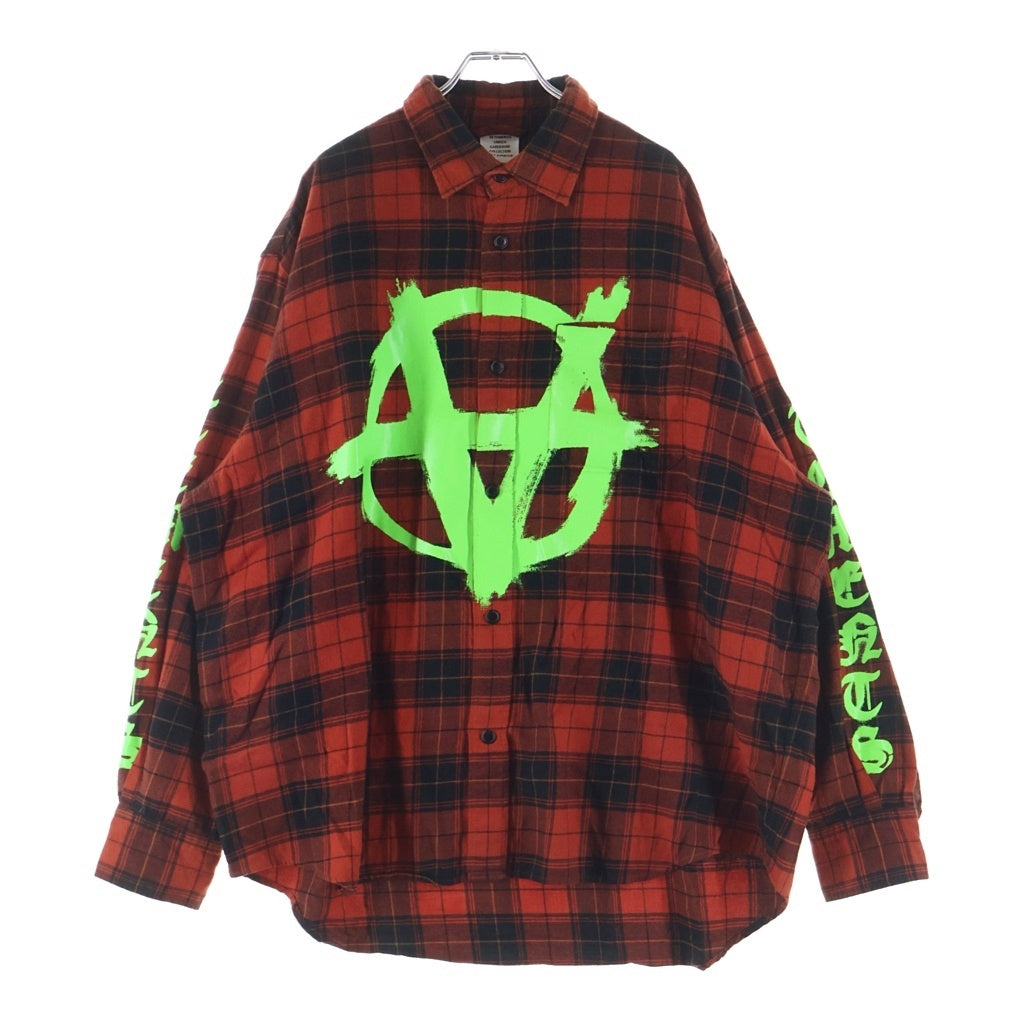 VETEMEMES(ヴェトミームス) 21AW ANARCHY PRINT CHECK SHIRT アナーキーチェックプリントシャツ フランネルコットンチェックシャツ レッド UE52SH800R