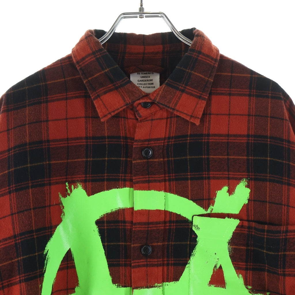 VETEMEMES(ヴェトミームス) 21AW ANARCHY PRINT CHECK SHIRT アナーキーチェックプリントシャツ フランネルコットンチェックシャツ レッド UE52SH800R