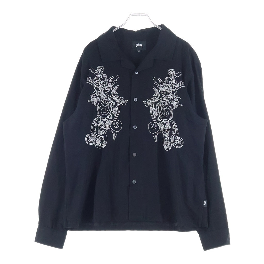 STUSSY(ステューシー) EMBROIDERED DRAGON SHIRT フロント刺繍 龍 開襟長袖シャツ ブラック