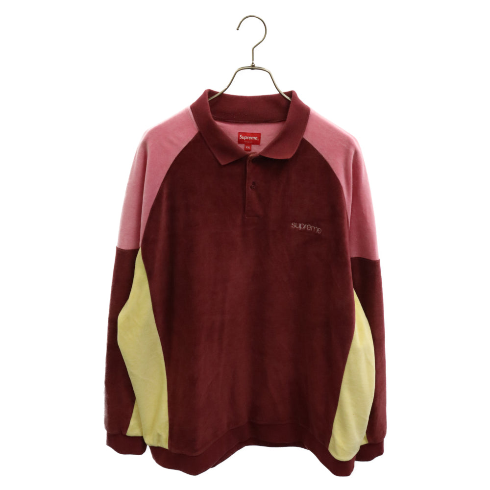 SUPREME(シュプリーム) 21SS Bleached Velour L/S Polo ロゴ刺繍 ベロアポロシャツ 長袖 ボルドー