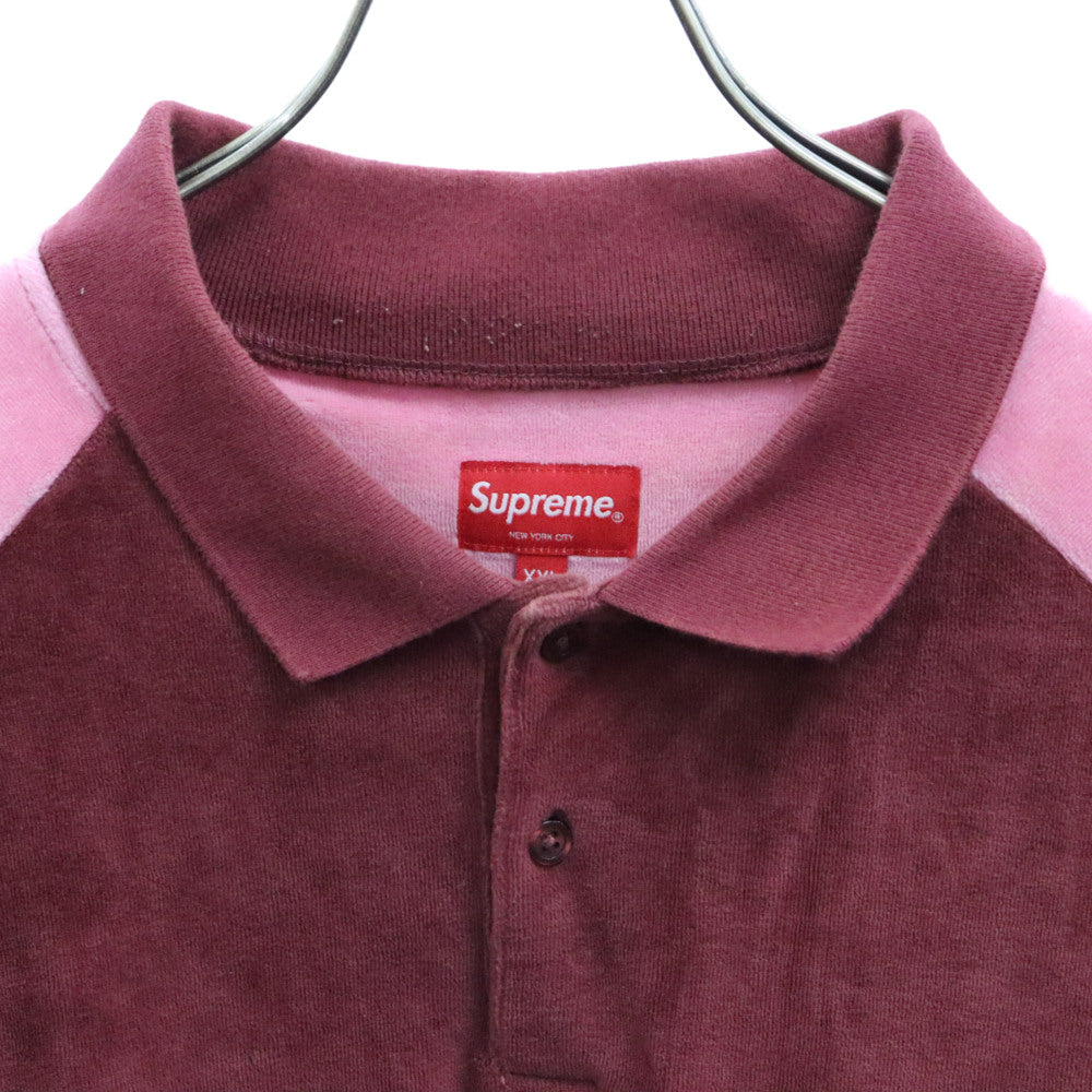 SUPREME(シュプリーム) 21SS Bleached Velour L/S Polo ロゴ刺繍 ベロアポロシャツ 長袖 ボルドー