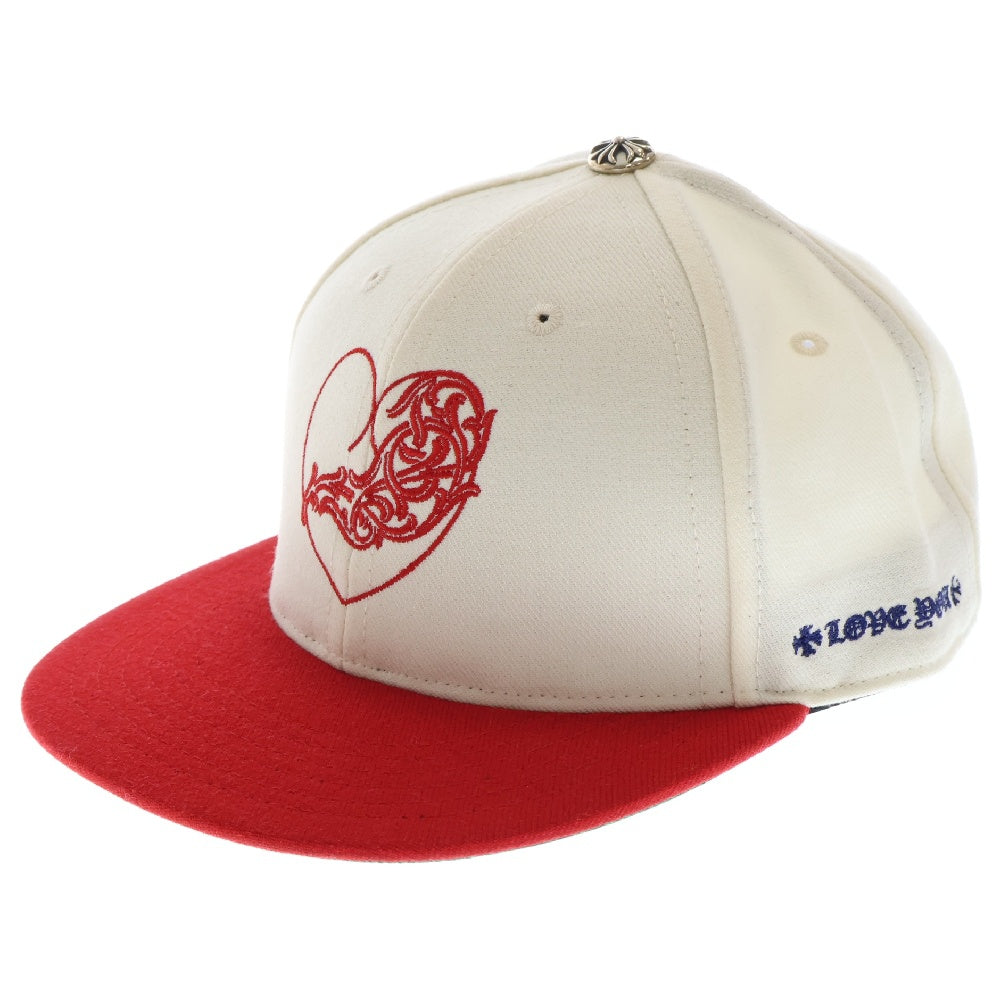 CHROME HEARTS(クロムハーツ) FITTED WOOL ACRYLIC SERGE VINY HEART ヴァインハートロゴ刺繍ベースボールキャップ 帽子 ホワイト/レッド