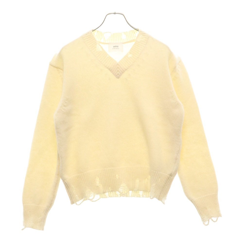 AMI Alexandre Mattiussi(アミアレクサンドルマテュッシ) Cut Out Sweater UKS227.KN016 カットアウトセーター ダメージ加工Vネックニット クリーム