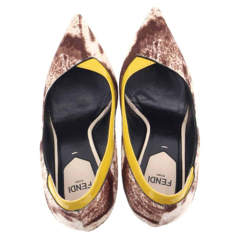 FENDI(フェンディ) Pointed Pump In Animal Print アニマル柄ハイヒール パテントレザー切替ピンヒール ブラウン/イエロー レディース