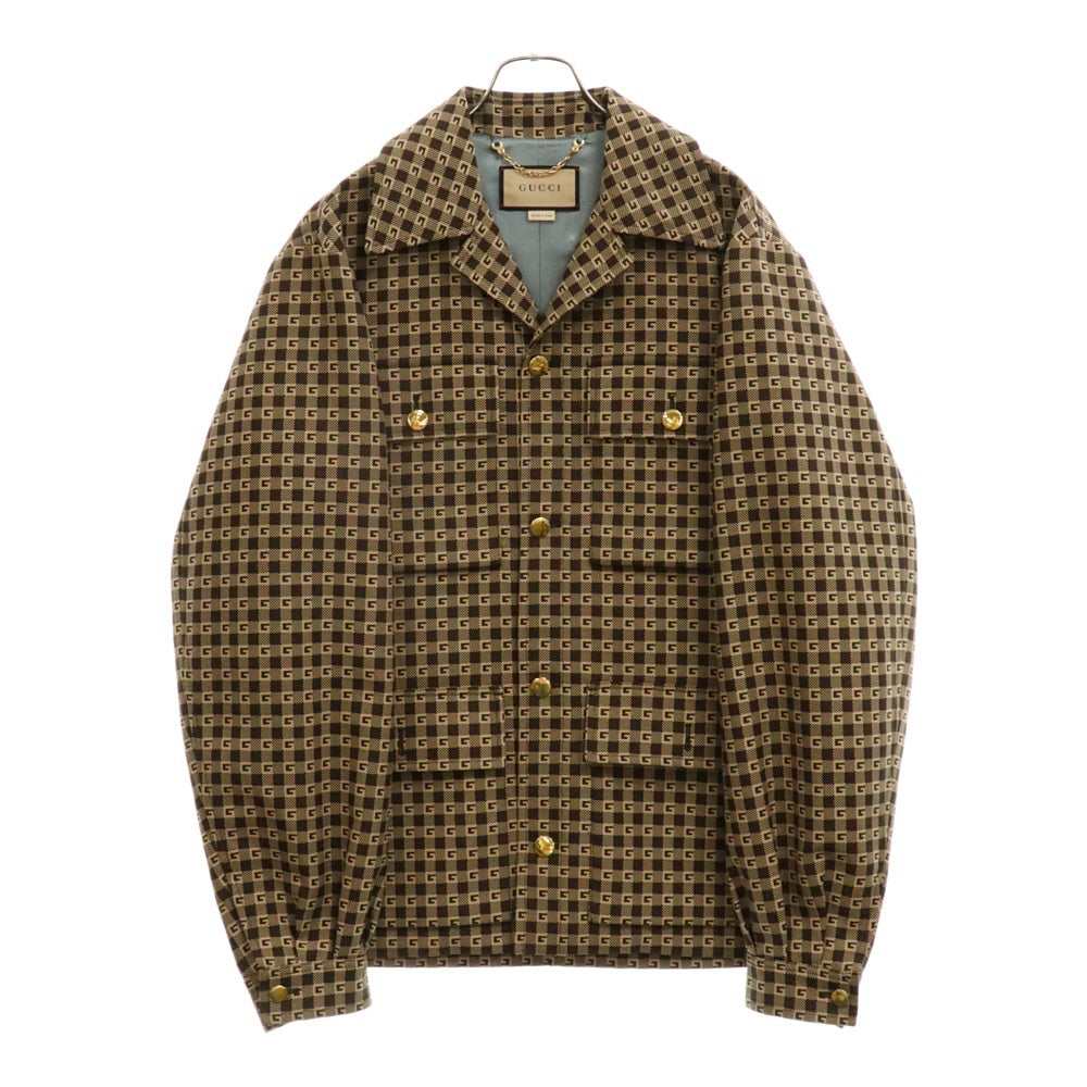 GUCCI(グッチ) Gロゴ 総柄 モノグラム 金ボタン ジャケット ブラウン シルク混 742801 ZAM7E